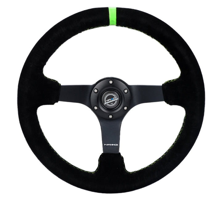 NRG Reinforced Steering Wheel 350mm/3in. Deep Blk Suede/ Neon Green Stitch w/5mm Matte Black Spoke - Bull Strap