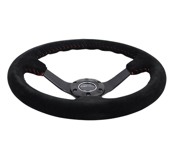 NRG Reinforced Steering Wheel (350mm / 3in. Deep) Blk Suede/Red BBall Stitch w/5mm Matte Blk Spokes - Bull Strap