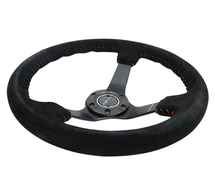 NRG Reinforced Steering Wheel (350mm / 3in. Deep) Blk Suede/Red BBall Stitch w/5mm Matte Blk Spokes - Bull Strap
