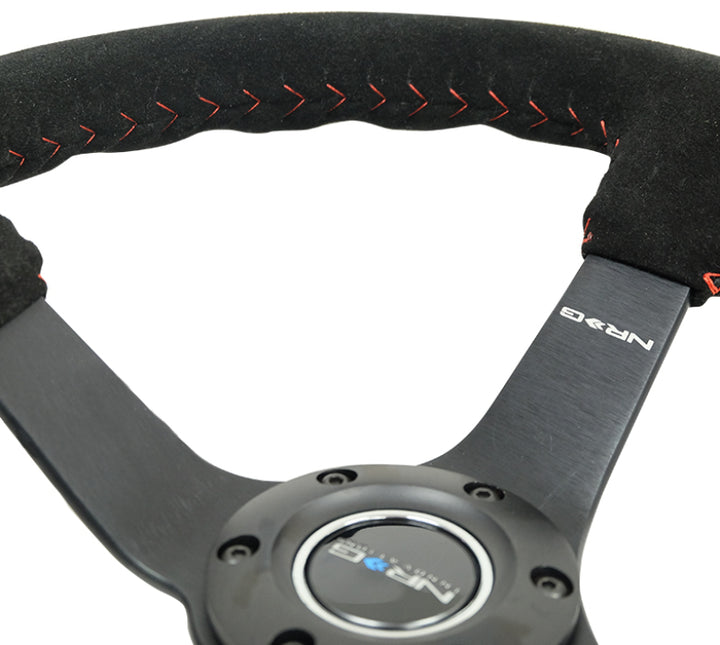 NRG Reinforced Steering Wheel (350mm / 3in. Deep) Blk Suede/Red BBall Stitch w/5mm Matte Blk Spokes - Bull Strap