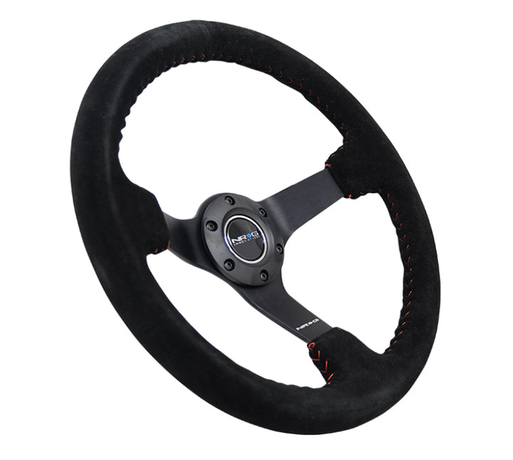 NRG Reinforced Steering Wheel (350mm / 3in. Deep) Blk Suede/Red BBall Stitch w/5mm Matte Blk Spokes - Bull Strap