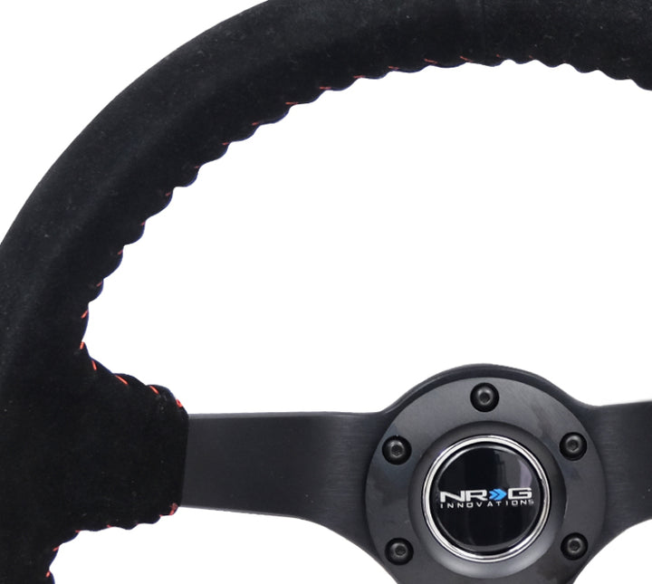 NRG Reinforced Steering Wheel (350mm / 3in. Deep) Blk Suede/Red BBall Stitch w/5mm Matte Blk Spokes - Bull Strap