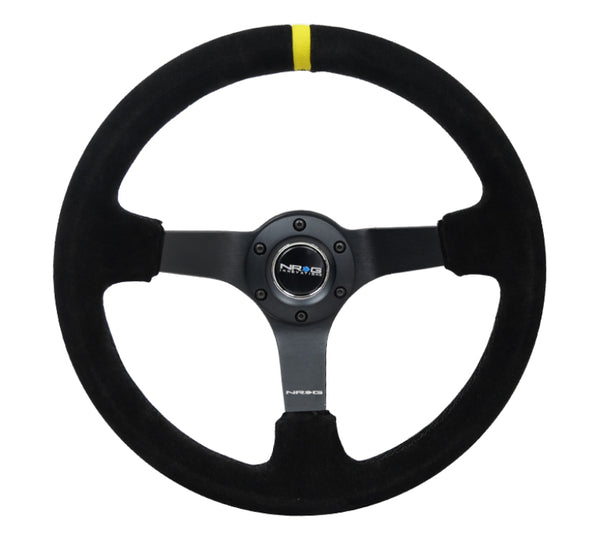 NRG Reinforced Steering Wheel (350mm / 3in. Deep) Blk Suede/X-Stitch w/5mm Blk Spoke & Yellow CM - Bull Strap