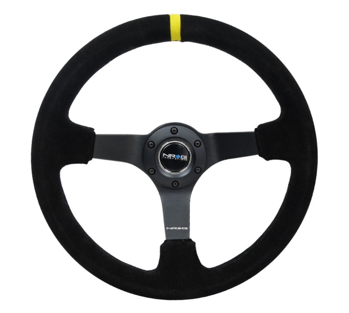 NRG Reinforced Steering Wheel (350mm / 3in. Deep) Blk Suede/X-Stitch w/5mm Blk Spoke & Yellow CM - Bull Strap