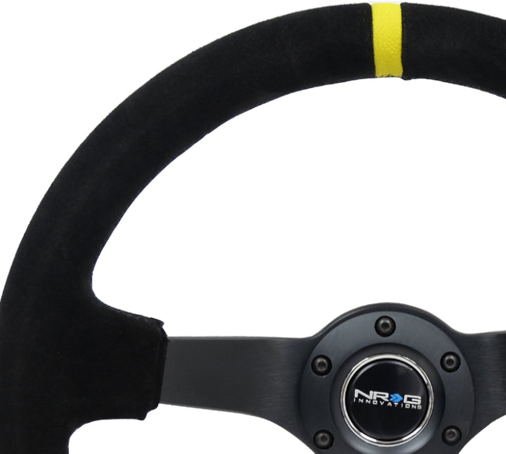 NRG Reinforced Steering Wheel (350mm / 3in. Deep) Blk Suede/X-Stitch w/5mm Blk Spoke & Yellow CM - Bull Strap