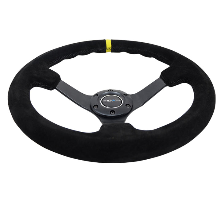 NRG Reinforced Steering Wheel (350mm / 3in. Deep) Blk Suede/X-Stitch w/5mm Blk Spoke & Yellow CM - Bull Strap