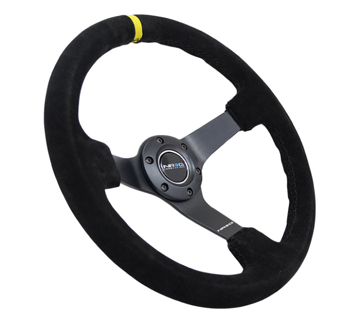 NRG Reinforced Steering Wheel (350mm / 3in. Deep) Blk Suede/X-Stitch w/5mm Blk Spoke & Yellow CM - Bull Strap