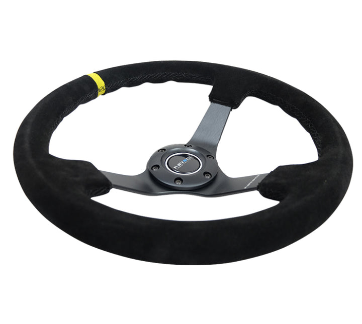 NRG Reinforced Steering Wheel (350mm / 3in. Deep) Blk Suede/X-Stitch w/5mm Blk Spoke & Yellow CM - Bull Strap