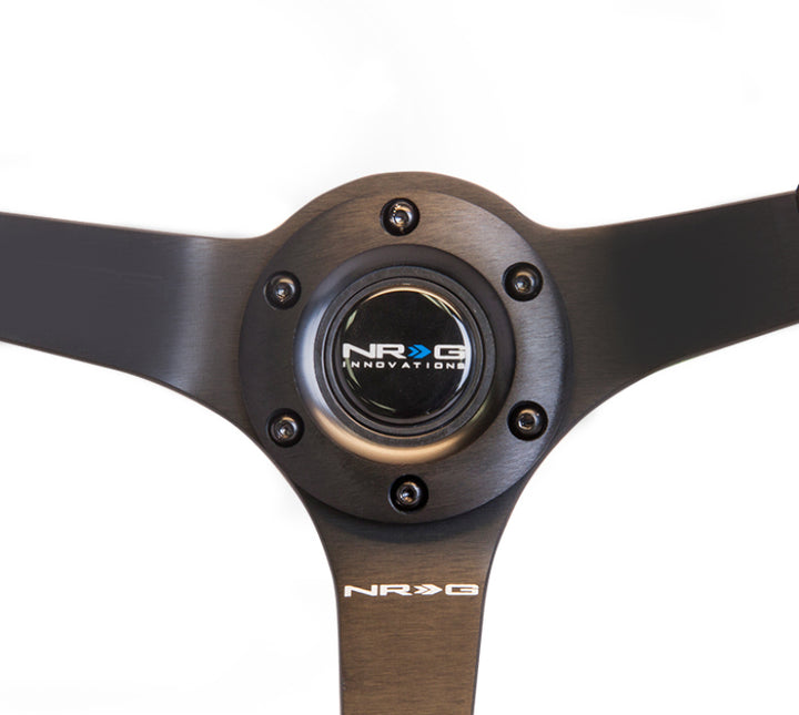 NRG Reinforced Steering Wheel (350mm / 3in. Deep) Blk Suede w/Blk BBall Stitch (Odi Bakchis Edition) - Bull Strap