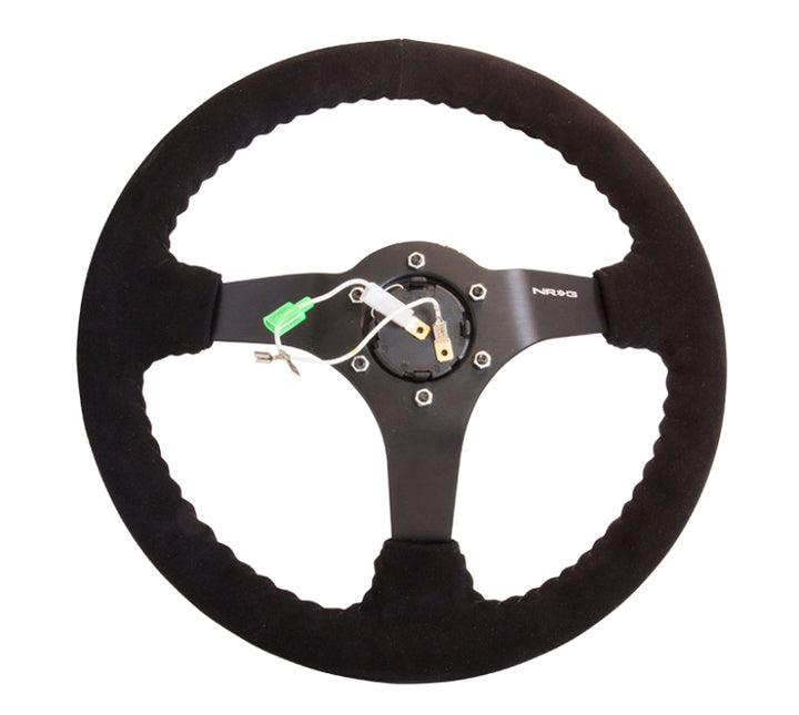 NRG Reinforced Steering Wheel (350mm / 3in. Deep) Blk Suede w/Blk BBall Stitch (Odi Bakchis Edition) - Bull Strap