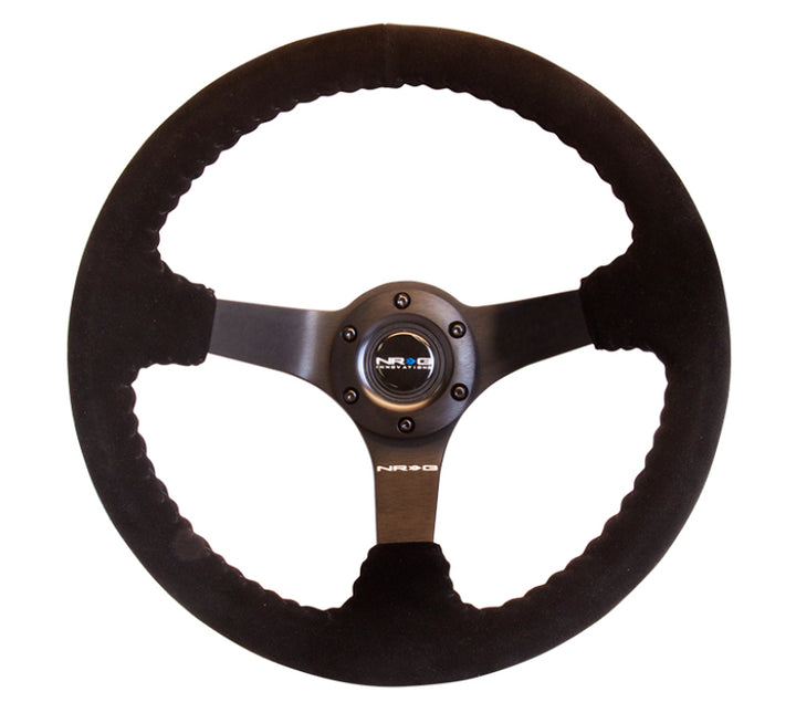 NRG Reinforced Steering Wheel (350mm / 3in. Deep) Blk Suede w/Blk BBall Stitch (Odi Bakchis Edition) - Bull Strap