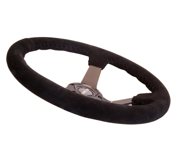 NRG Reinforced Steering Wheel (350mm / 3in. Deep) Blk Suede w/Blk BBall Stitch (Odi Bakchis Edition) - Bull Strap