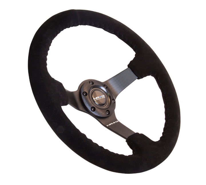 NRG Reinforced Steering Wheel (350mm / 3in. Deep) Blk Suede w/Blk BBall Stitch (Odi Bakchis Edition) - Bull Strap