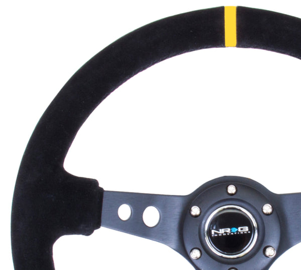 NRG Reinforced Steering Wheel (350mm / 3in. Deep) Blk Suede w/Circle Cut Spokes & Single Yellow CM - Bull Strap