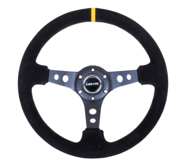 NRG Reinforced Steering Wheel (350mm / 3in. Deep) Blk Suede w/Circle Cut Spokes & Single Yellow CM - Bull Strap