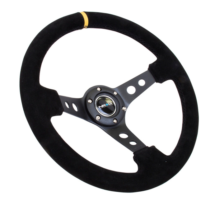 NRG Reinforced Steering Wheel (350mm / 3in. Deep) Blk Suede w/Circle Cut Spokes & Single Yellow CM - Bull Strap