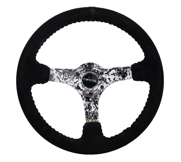 NRG Reinforced Steering Wheel (350mm / 3in. Deep) Blk Suede w/Hydrodipped Digi-Camo Spokes - Bull Strap