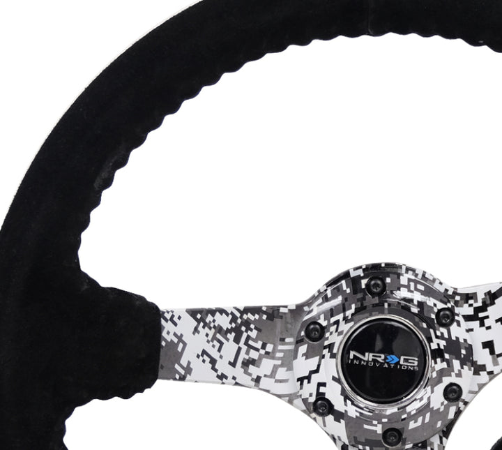 NRG Reinforced Steering Wheel (350mm / 3in. Deep) Blk Suede w/Hydrodipped Digi-Camo Spokes - Bull Strap