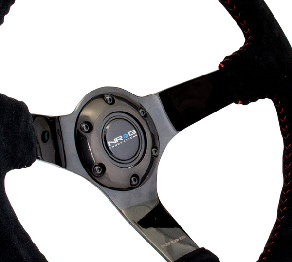 NRG Reinforced Steering Wheel (350mm / 3in. Deep) Blk Suede w/Red BBall Stitch & Black 3-Spoke - Bull Strap