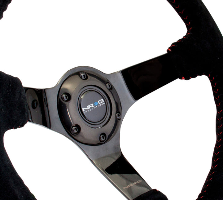 NRG Reinforced Steering Wheel (350mm / 3in. Deep) Blk Suede w/Red BBall Stitch & Black 3-Spoke - Bull Strap