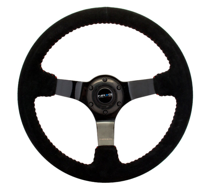 NRG Reinforced Steering Wheel (350mm / 3in. Deep) Blk Suede w/Red BBall Stitch & Black 3-Spoke - Bull Strap