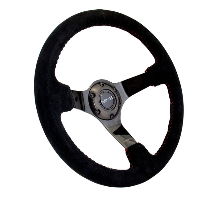 NRG Reinforced Steering Wheel (350mm / 3in. Deep) Blk Suede w/Red BBall Stitch & Black 3-Spoke - Bull Strap