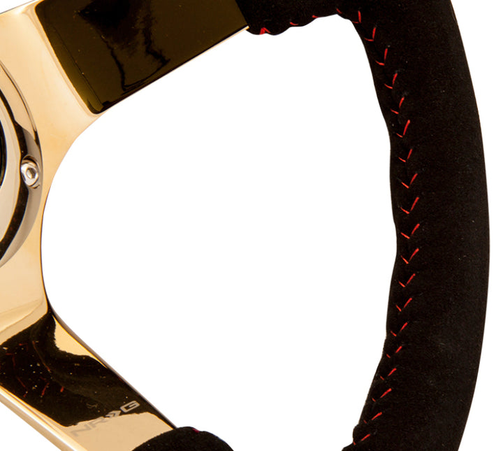 NRG Reinforced Steering Wheel (350mm / 3in. Deep) Blk Suede w/Red BBall Stitch & Chrome Gold 3-Spoke - Bull Strap