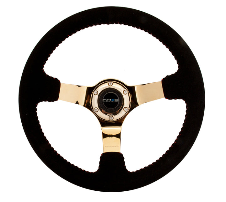 NRG Reinforced Steering Wheel (350mm / 3in. Deep) Blk Suede w/Red BBall Stitch & Chrome Gold 3-Spoke - Bull Strap