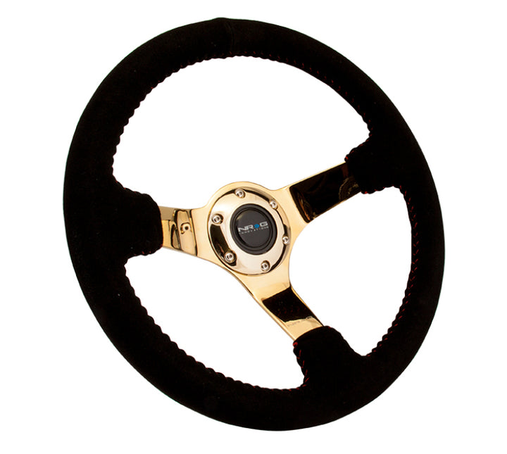 NRG Reinforced Steering Wheel (350mm / 3in. Deep) Blk Suede w/Red BBall Stitch & Chrome Gold 3-Spoke - Bull Strap