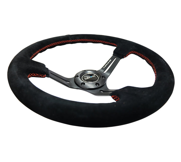 NRG Reinforced Steering Wheel (350mm / 3in. Deep) Blk Suede w/Red Stitching & 5mm Spokes w/Slits - Bull Strap