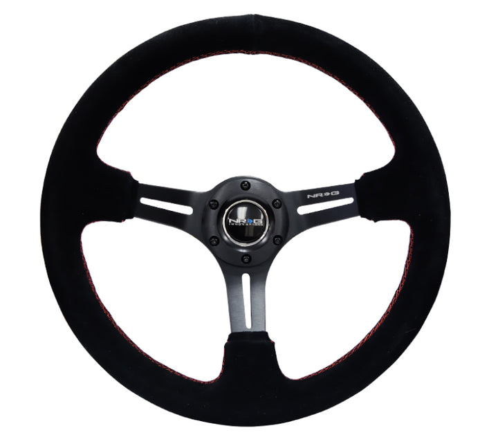 NRG Reinforced Steering Wheel (350mm / 3in. Deep) Blk Suede w/Red Stitching & 5mm Spokes w/Slits - Bull Strap