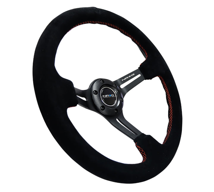 NRG Reinforced Steering Wheel (350mm / 3in. Deep) Blk Suede w/Red Stitching & 5mm Spokes w/Slits - Bull Strap