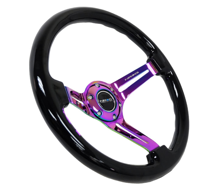 NRG Reinforced Steering Wheel (350mm / 3in. Deep) Blk Wood w/Blk Matte Spoke/Neochrome Center Mark - Bull Strap