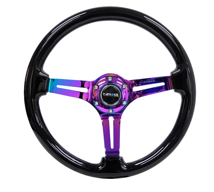 NRG Reinforced Steering Wheel (350mm / 3in. Deep) Blk Wood w/Blk Matte Spoke/Neochrome Center Mark - Bull Strap