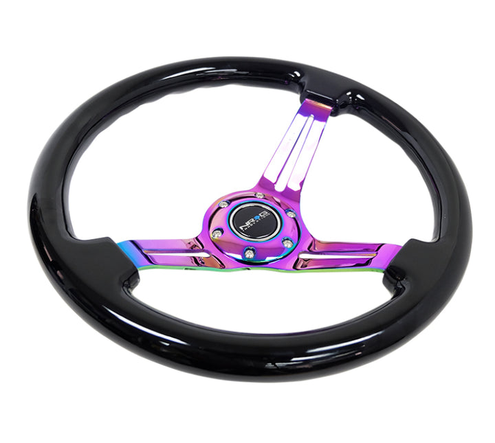 NRG Reinforced Steering Wheel (350mm / 3in. Deep) Blk Wood w/Blk Matte Spoke/Neochrome Center Mark - Bull Strap