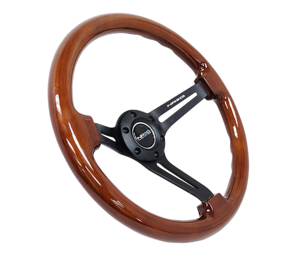 NRG Reinforced Steering Wheel (350mm / 3in. Deep) Brown Wood w/Blk Matte Spoke/Black Center Mark - Bull Strap