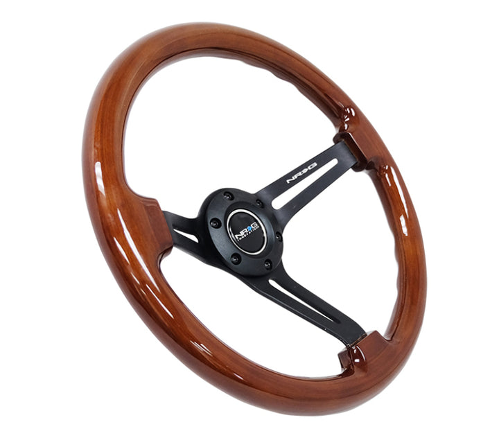 NRG Reinforced Steering Wheel (350mm / 3in. Deep) Brown Wood w/Blk Matte Spoke/Black Center Mark - Bull Strap