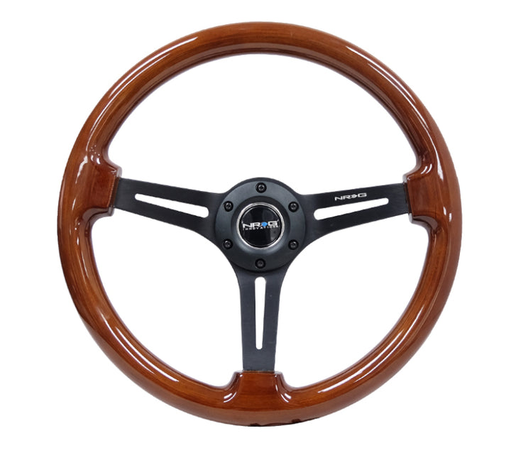 NRG Reinforced Steering Wheel (350mm / 3in. Deep) Brown Wood w/Blk Matte Spoke/Black Center Mark - Bull Strap