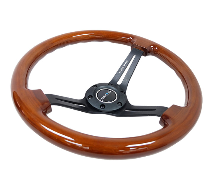 NRG Reinforced Steering Wheel (350mm / 3in. Deep) Brown Wood w/Blk Matte Spoke/Black Center Mark - Bull Strap