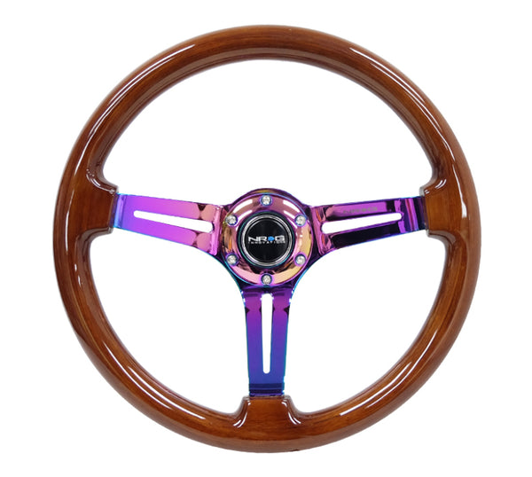 NRG Reinforced Steering Wheel (350mm / 3in. Deep) Brown Wood w/Blk Matte Spoke/Neochrome Center Mark - Bull Strap
