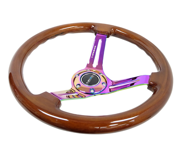 NRG Reinforced Steering Wheel (350mm / 3in. Deep) Brown Wood w/Blk Matte Spoke/Neochrome Center Mark - Bull Strap