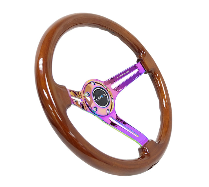 NRG Reinforced Steering Wheel (350mm / 3in. Deep) Brown Wood w/Blk Matte Spoke/Neochrome Center Mark - Bull Strap