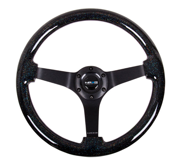 NRG Reinforced Steering Wheel (350mm / 3in Deep) Classic Blk Sparkle Wood Grain w/Blk 3-Spoke Center - Bull Strap