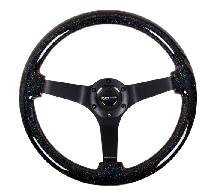 NRG Reinforced Steering Wheel (350mm / 3in Deep) Classic Blk Sparkle Wood Grain w/Blk 3-Spoke Center - Bull Strap