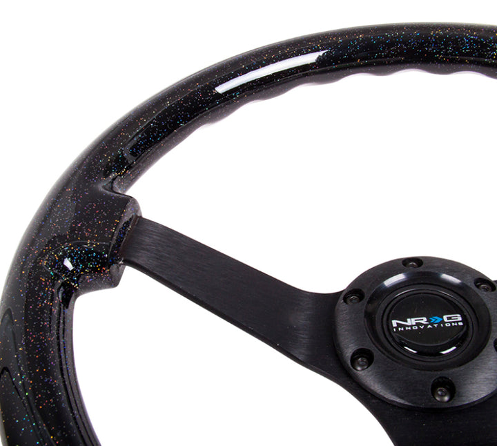 NRG Reinforced Steering Wheel (350mm / 3in Deep) Classic Blk Sparkle Wood Grain w/Blk 3-Spoke Center - Bull Strap