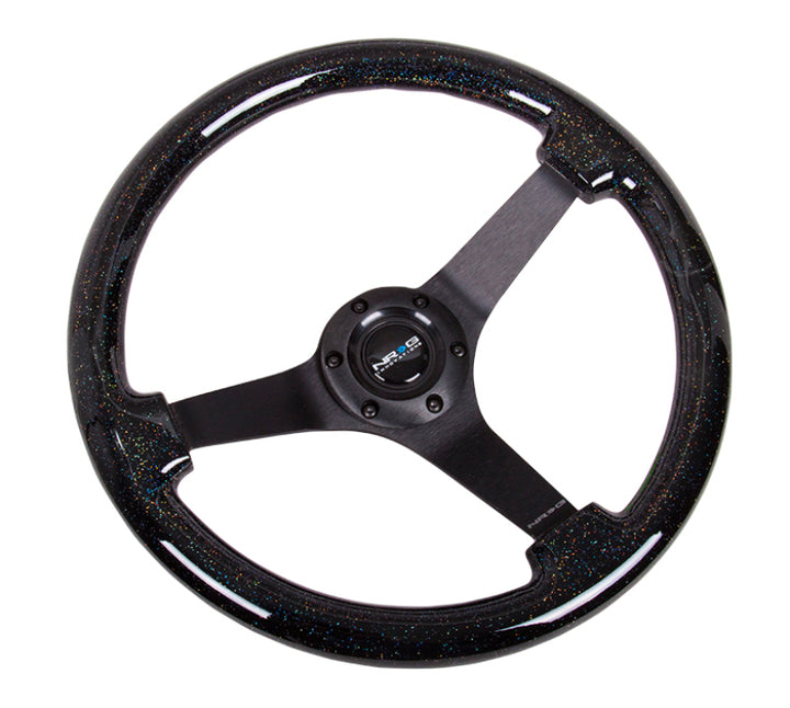 NRG Reinforced Steering Wheel (350mm / 3in Deep) Classic Blk Sparkle Wood Grain w/Blk 3-Spoke Center - Bull Strap