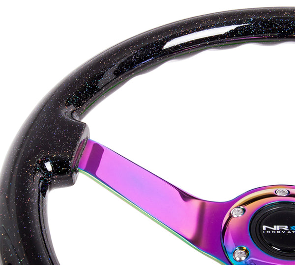 NRG Reinforced Steering Wheel (350mm / 3in. Deep) Classic Blk Sparkle w/4mm Neochrome 3-Spoke Center - Bull Strap