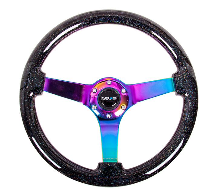 NRG Reinforced Steering Wheel (350mm / 3in. Deep) Classic Blk Sparkle w/4mm Neochrome 3-Spoke Center - Bull Strap