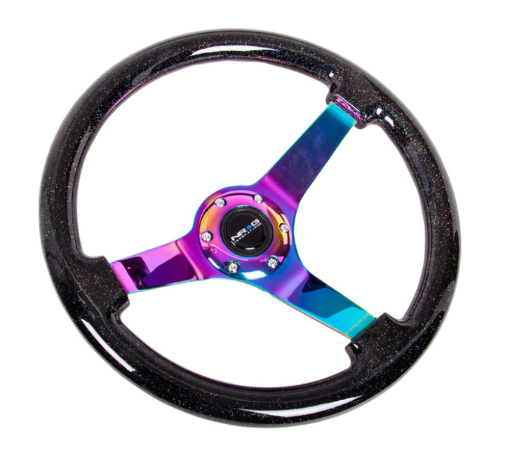NRG Reinforced Steering Wheel (350mm / 3in. Deep) Classic Blk Sparkle w/4mm Neochrome 3-Spoke Center - Bull Strap