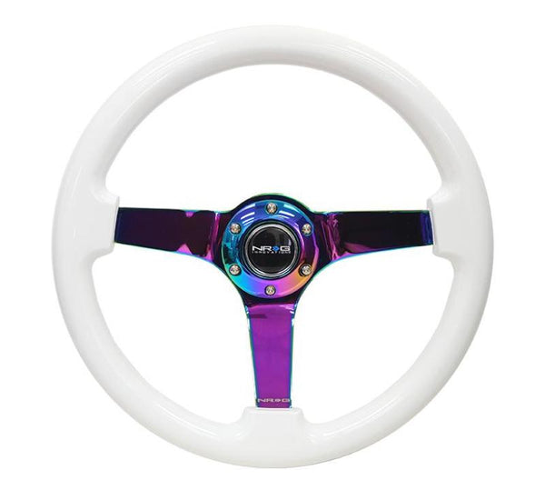 NRG Reinforced Steering Wheel (350mm / 3in. Deep) Classic White w/4mm Neochrome Solid 3-Spoke - Bull Strap